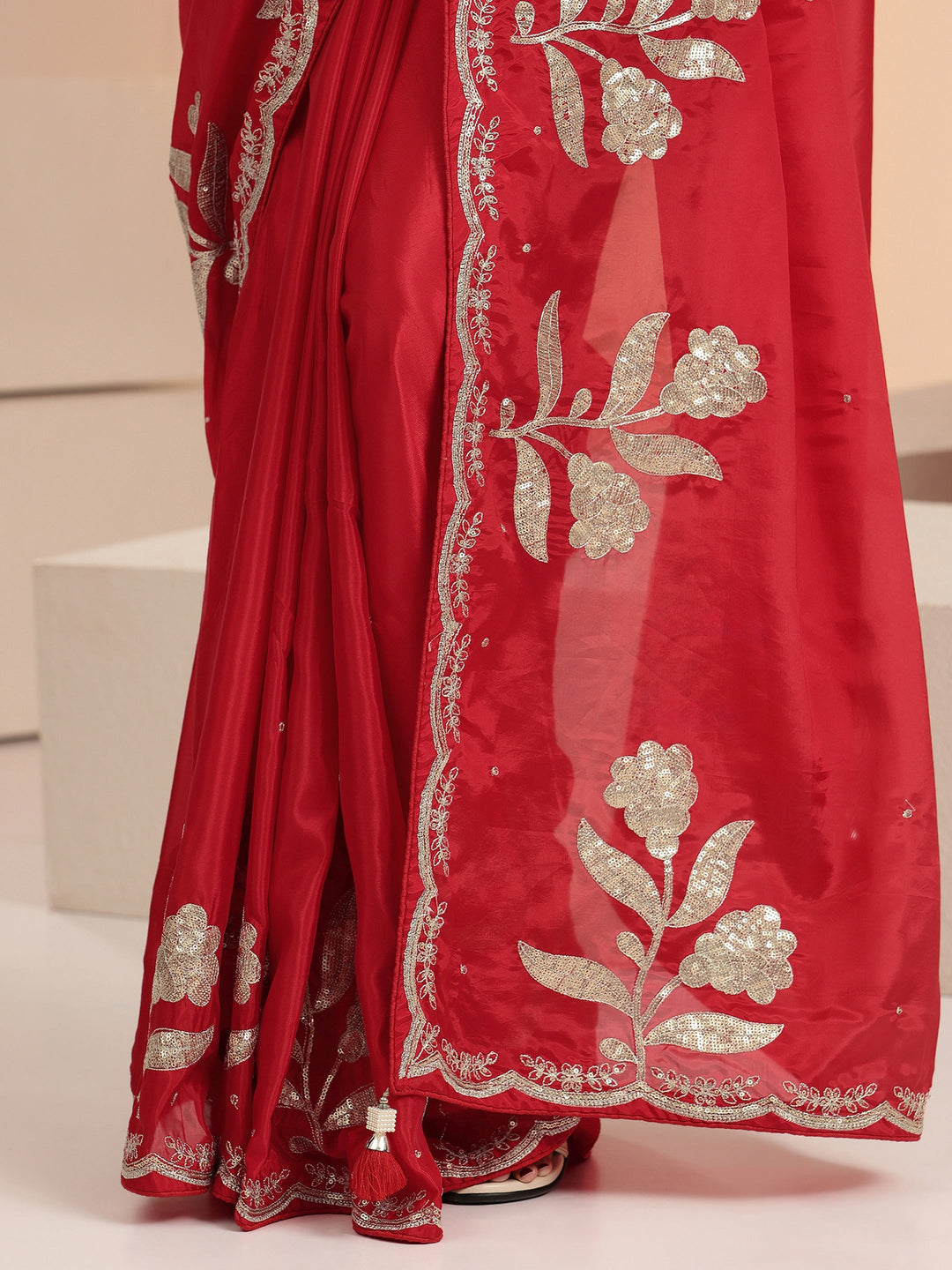  Crimson Red Floral Embellished Satin Saree 
