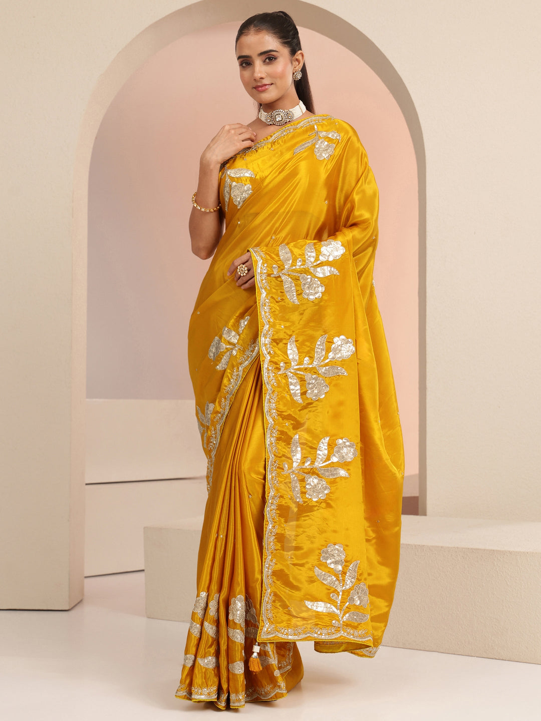  Mustard Floral Embellished Satin Saree 