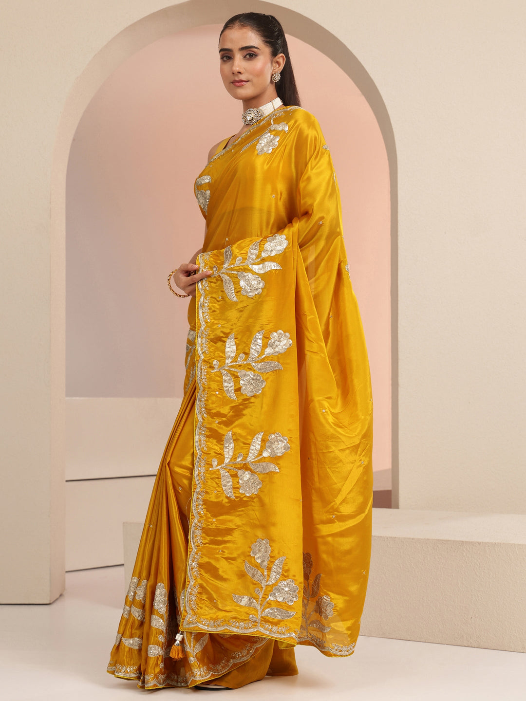  Mustard Floral Embellished Satin Saree 