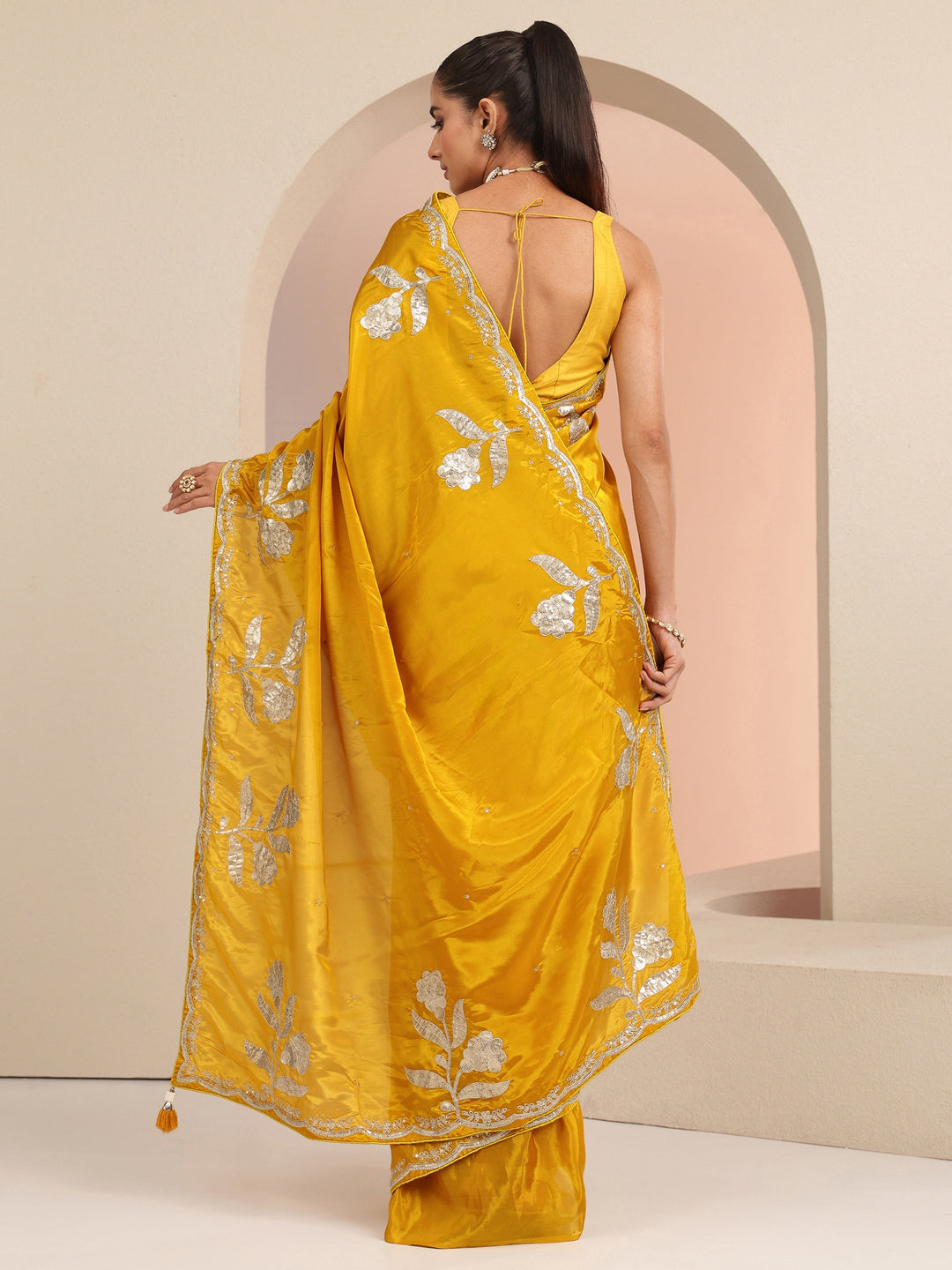 Mustard Floral Embellished Satin Saree 