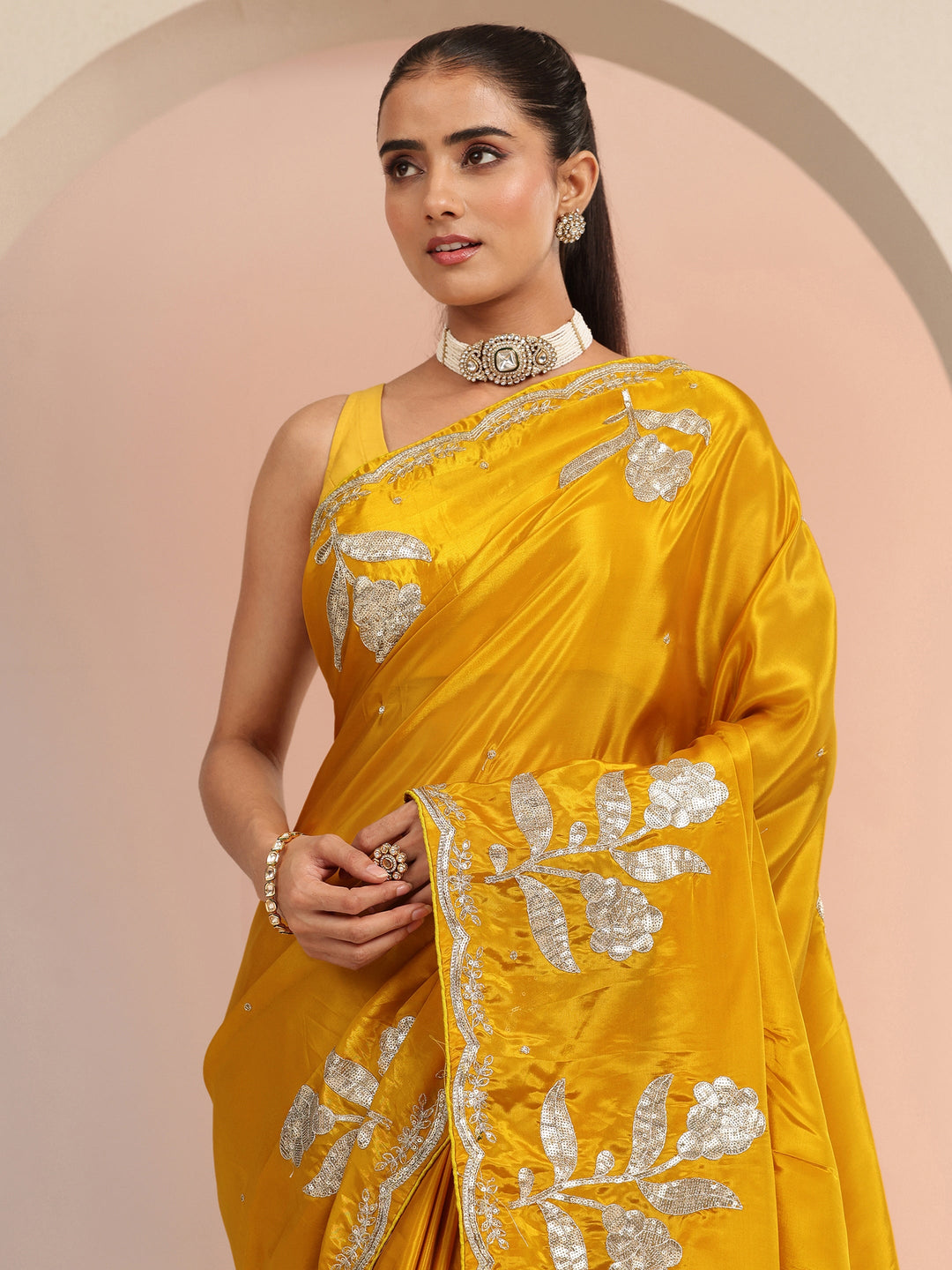  Mustard Floral Embellished Satin Saree 