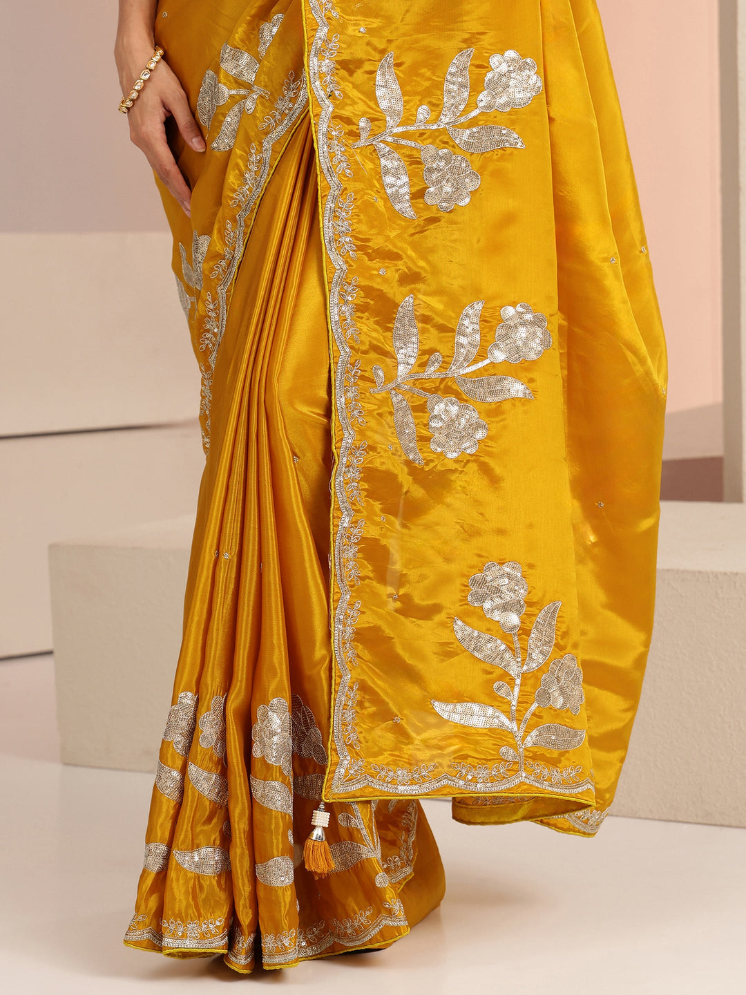  Mustard Floral Embellished Satin Saree 