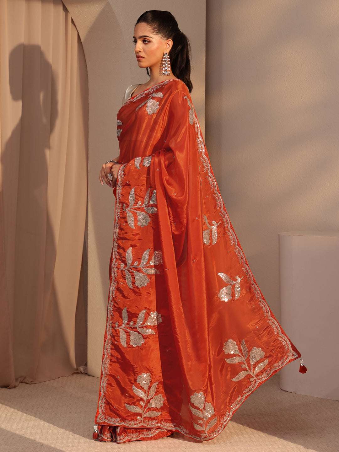  Orange Floral Embellished Satin Saree 