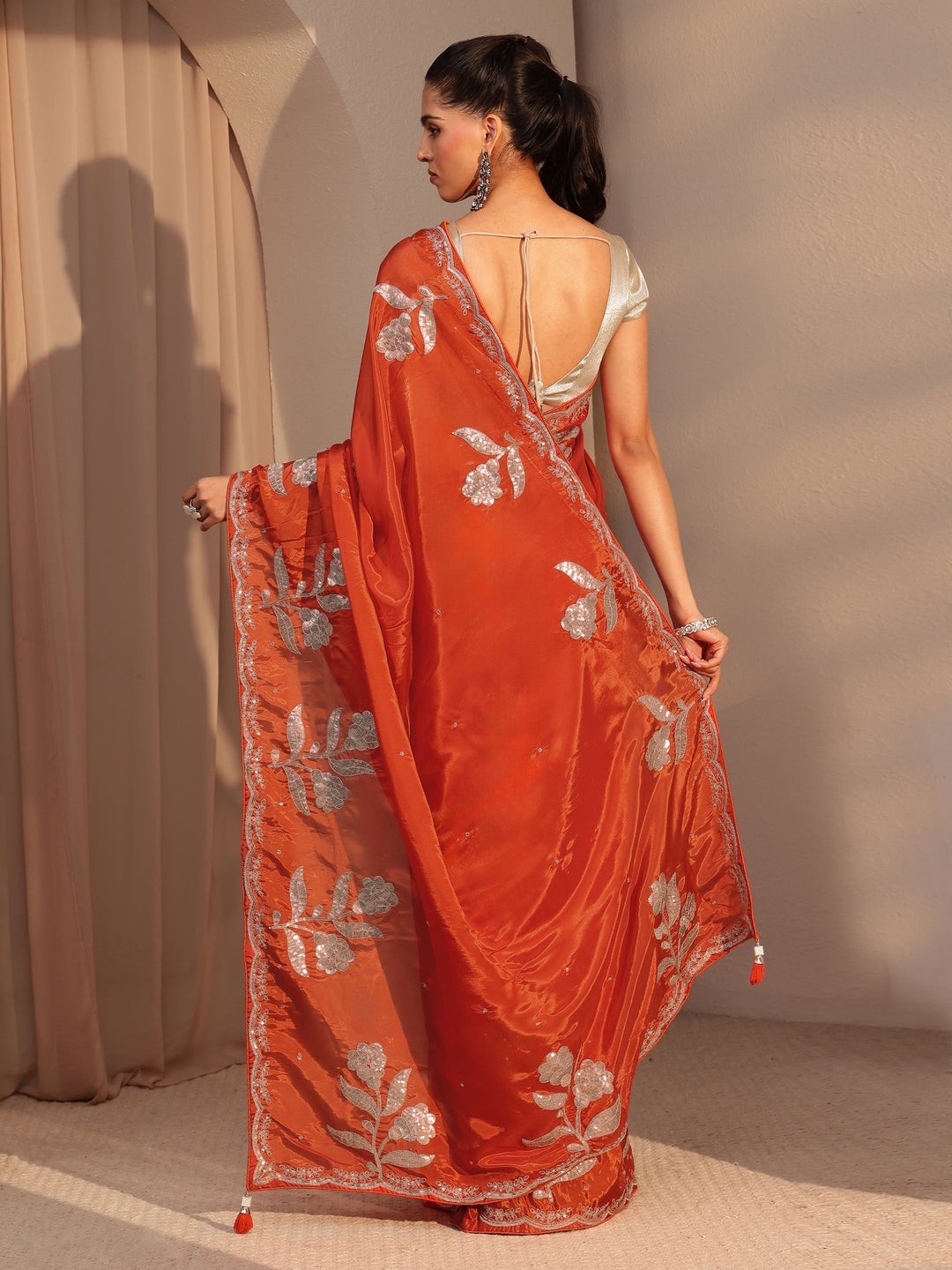  Orange Floral Embellished Satin Saree 