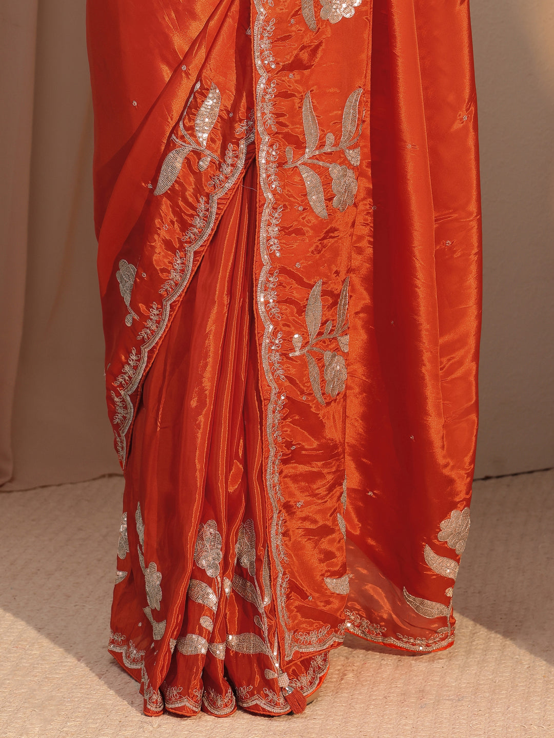  Orange Floral Embellished Satin Saree 