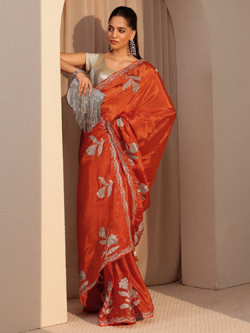 Orange Floral Embellished Satin Saree