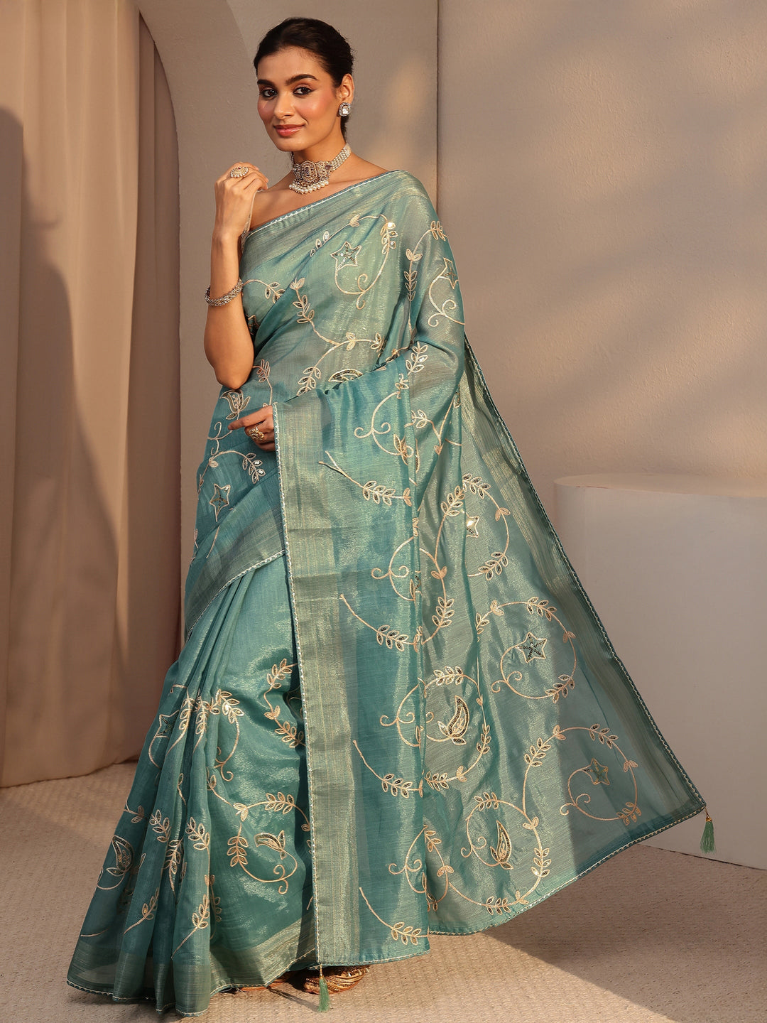  Seafoam Blue Floral Embellished Tissue Saree 