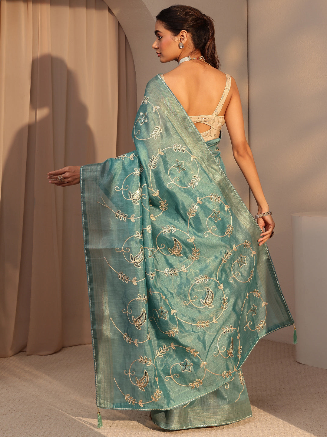  Seafoam Blue Floral Embellished Tissue Saree 