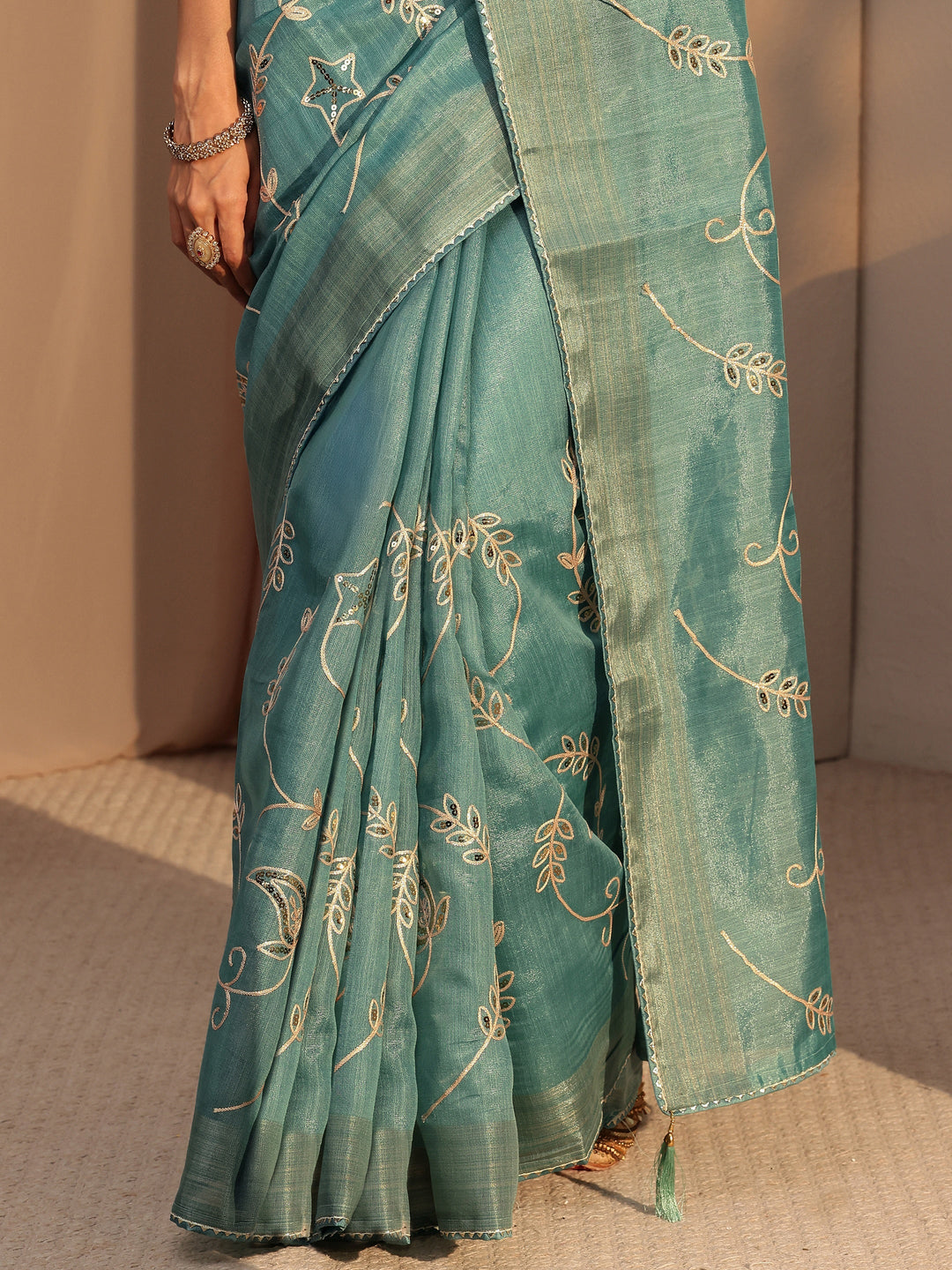  Seafoam Blue Floral Embellished Tissue Saree 