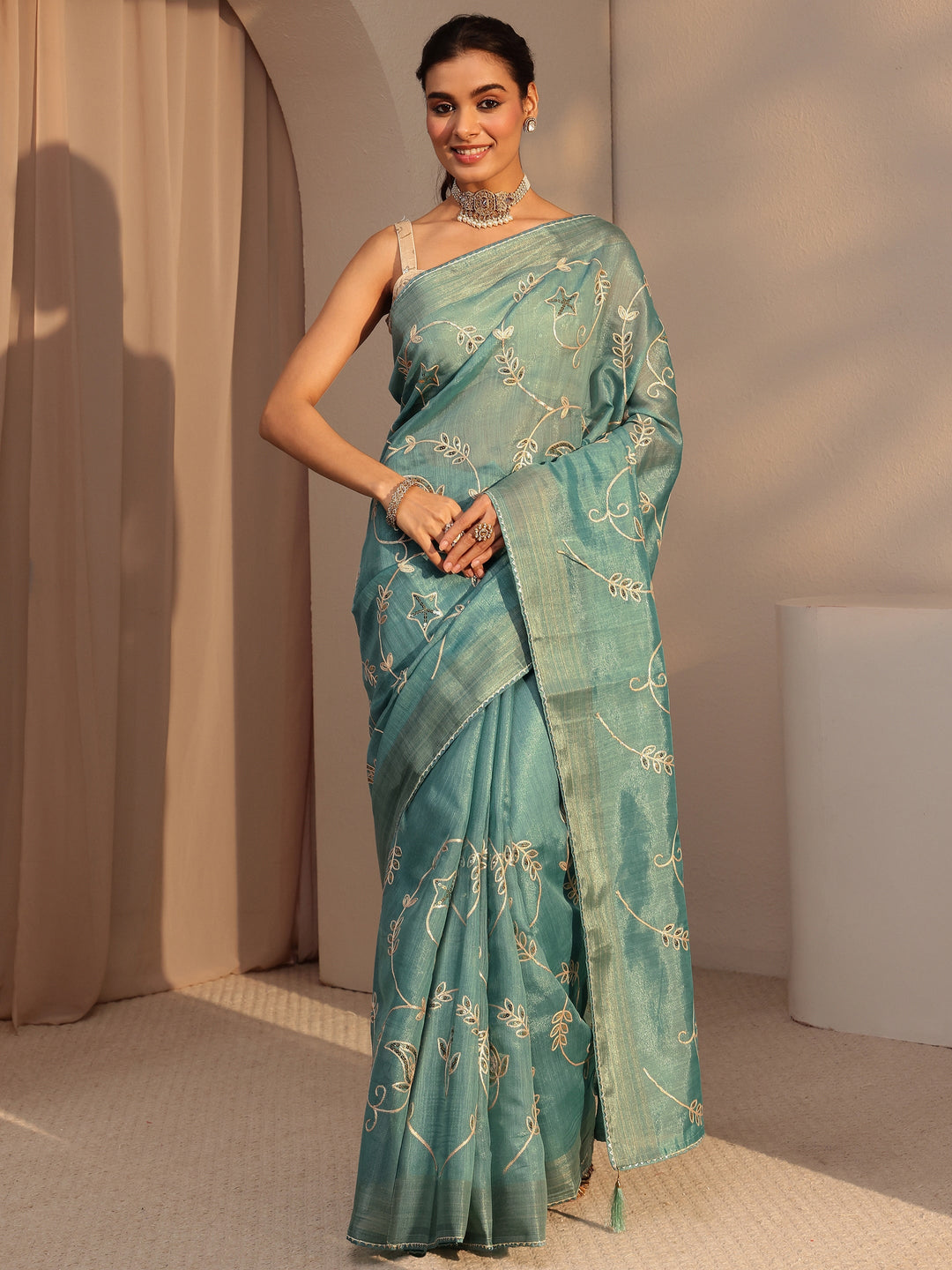  Seafoam Blue Floral Embellished Tissue Saree 