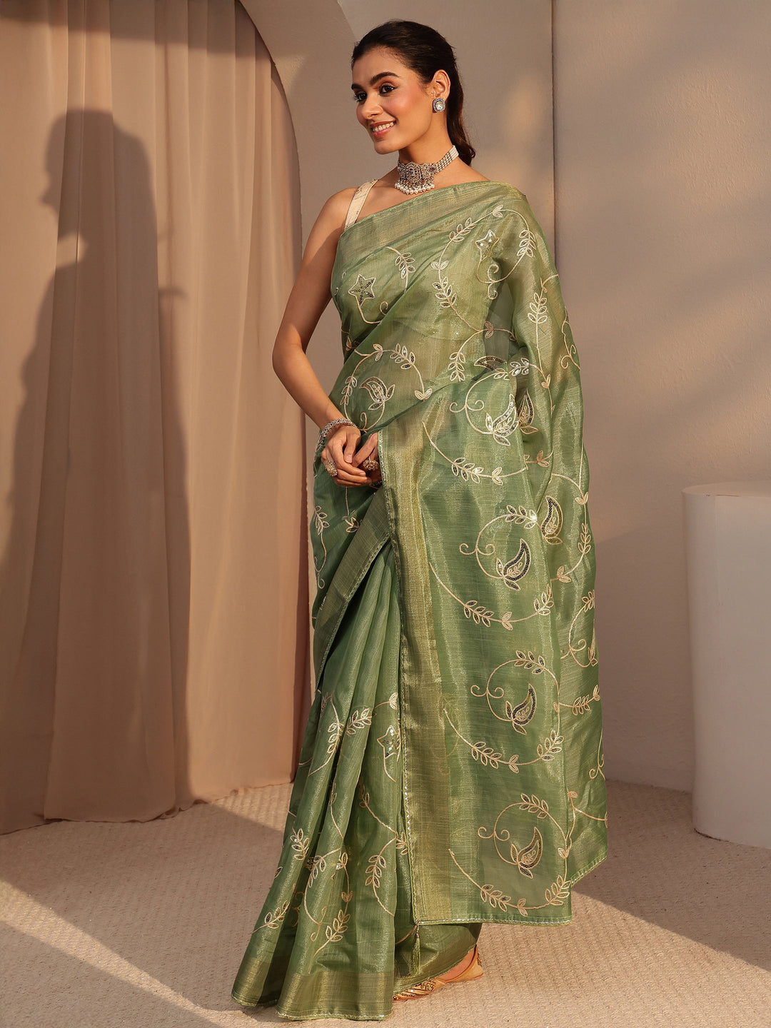  Moss Green Floral Embellished Tissue Saree 