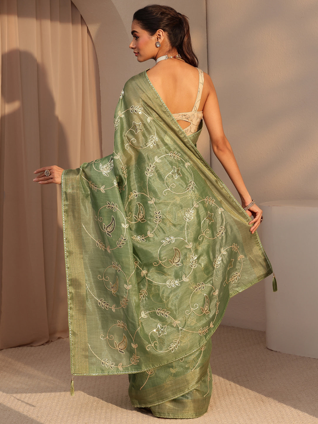  Moss Green Floral Embellished Tissue Saree 