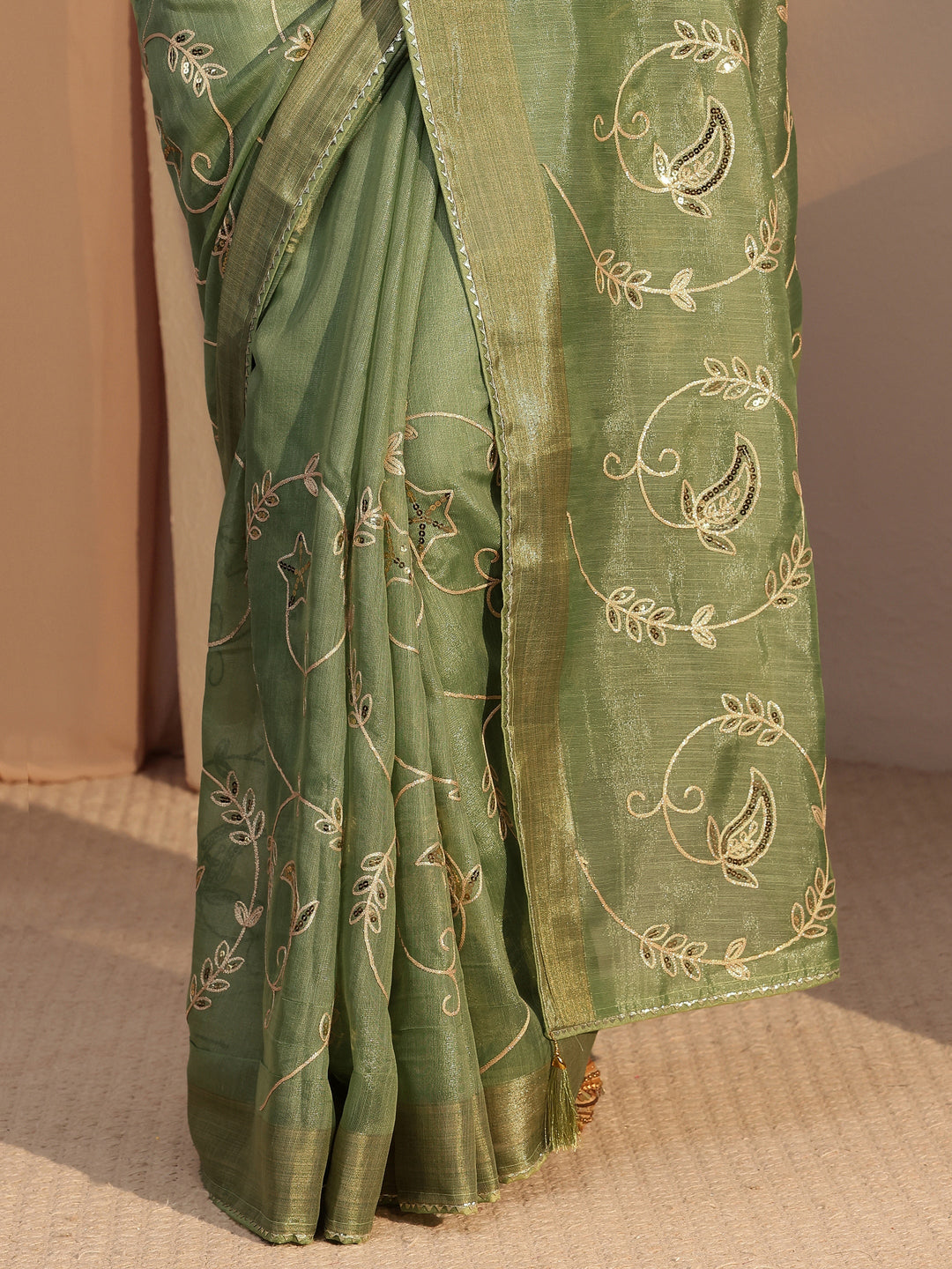  Moss Green Floral Embellished Tissue Saree 