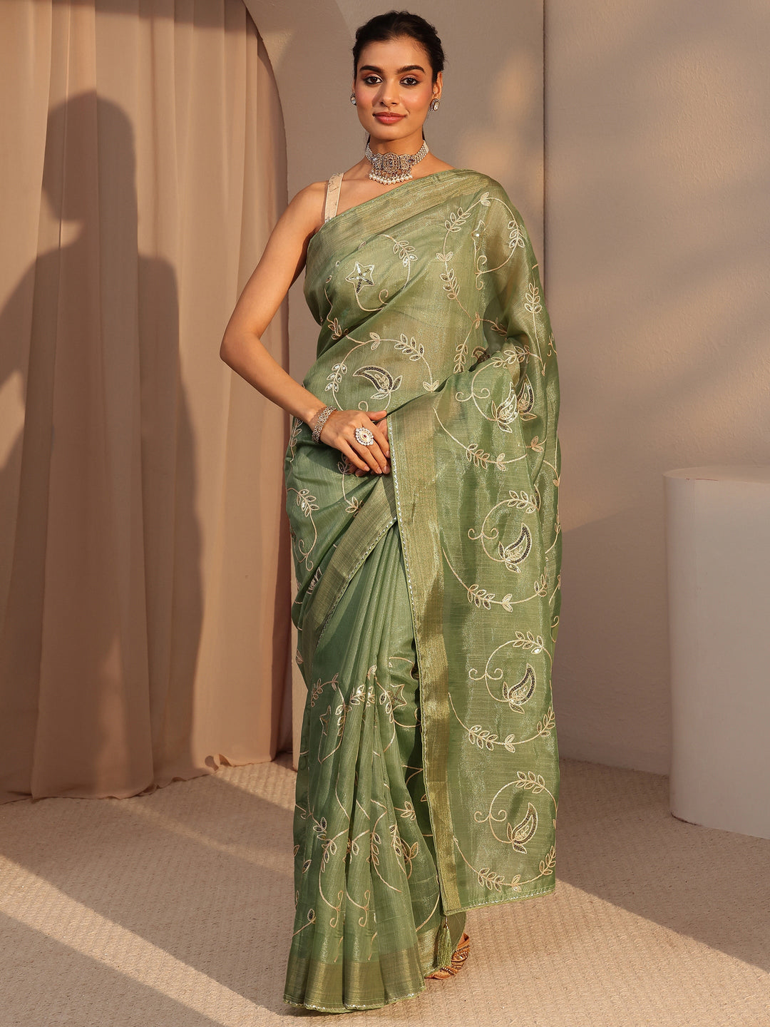  Moss Green Floral Embellished Tissue Saree 