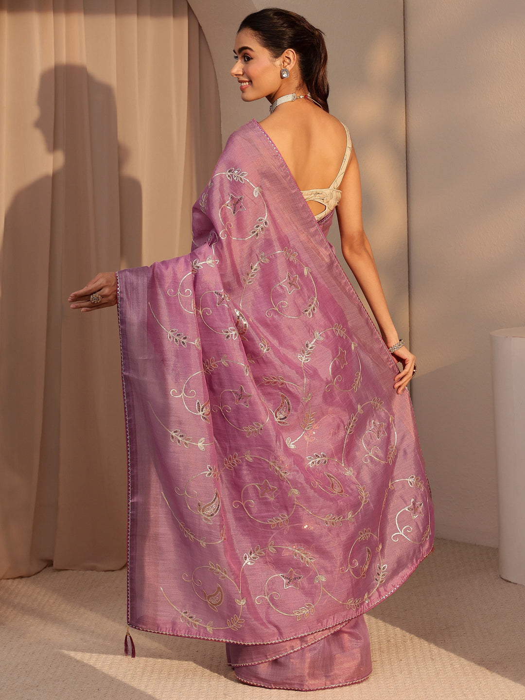  Dusty Rose Pink Floral Embellished Tissue Saree 