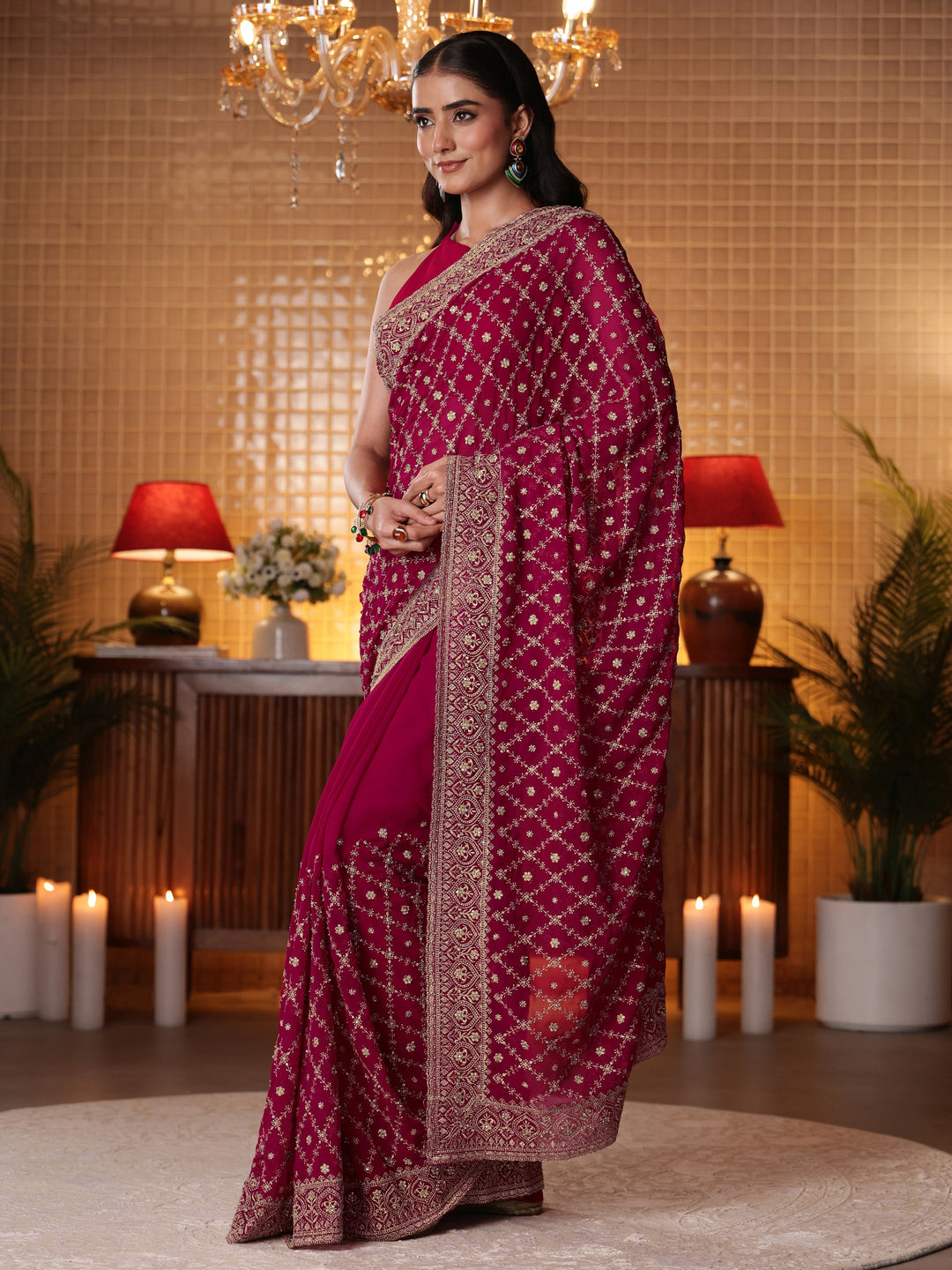  Pink Floral Embroidered Georgette Saree 