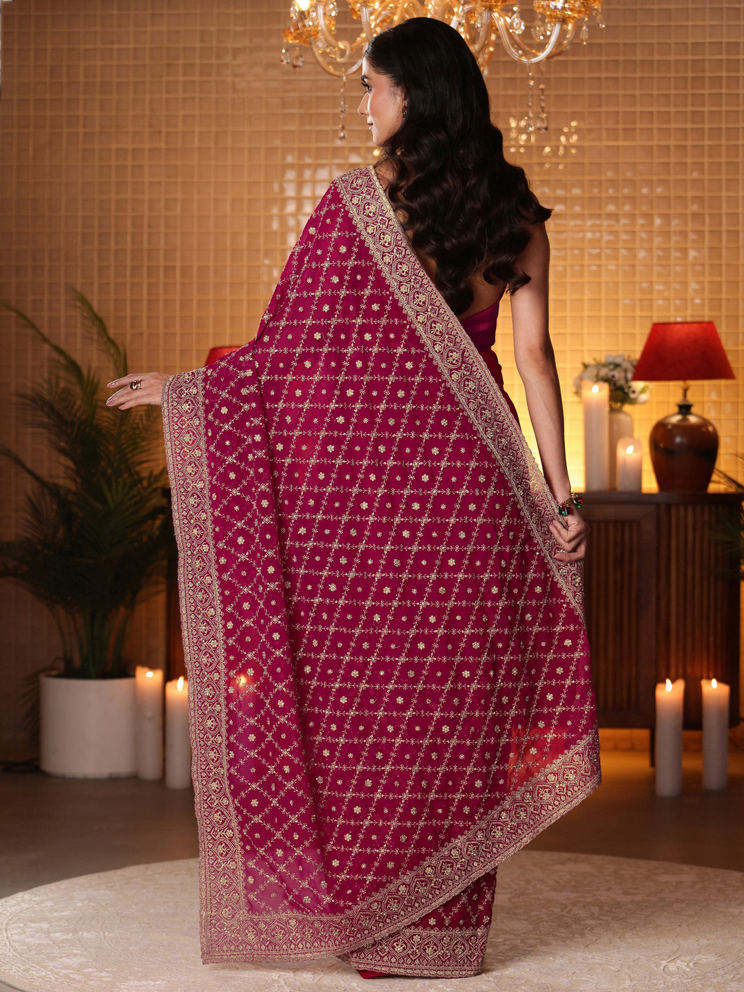  Pink Floral Embroidered Georgette Saree 