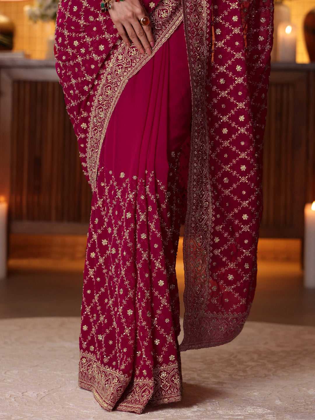  Pink Floral Embroidered Georgette Saree 
