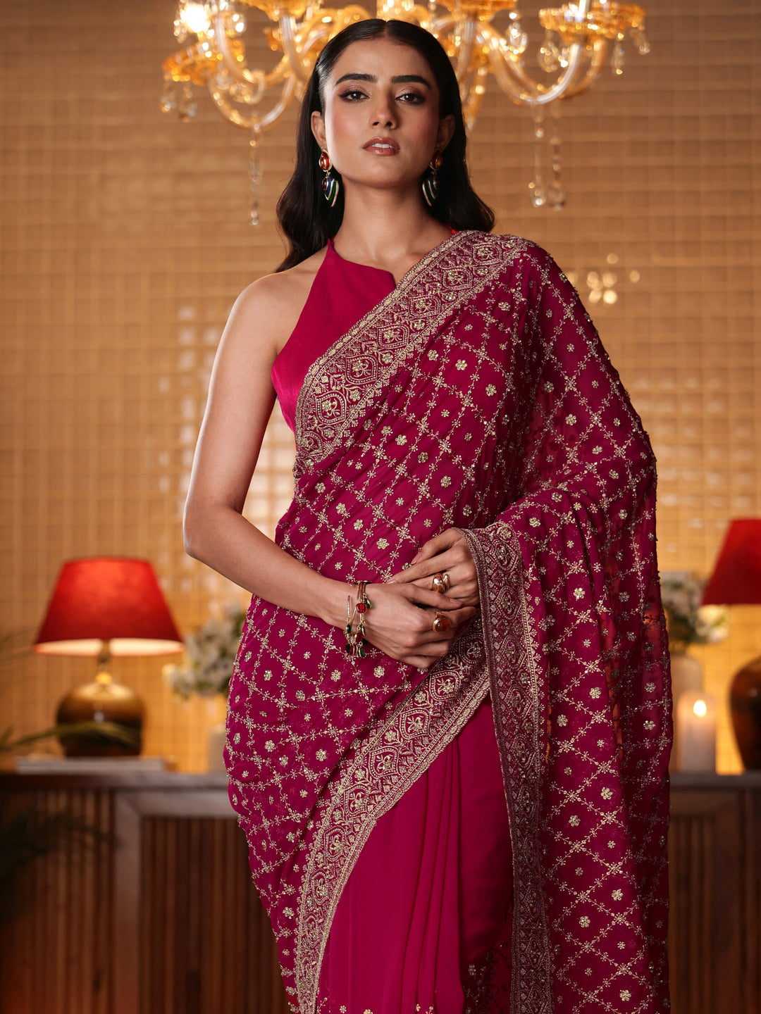  Pink Floral Embroidered Georgette Saree 