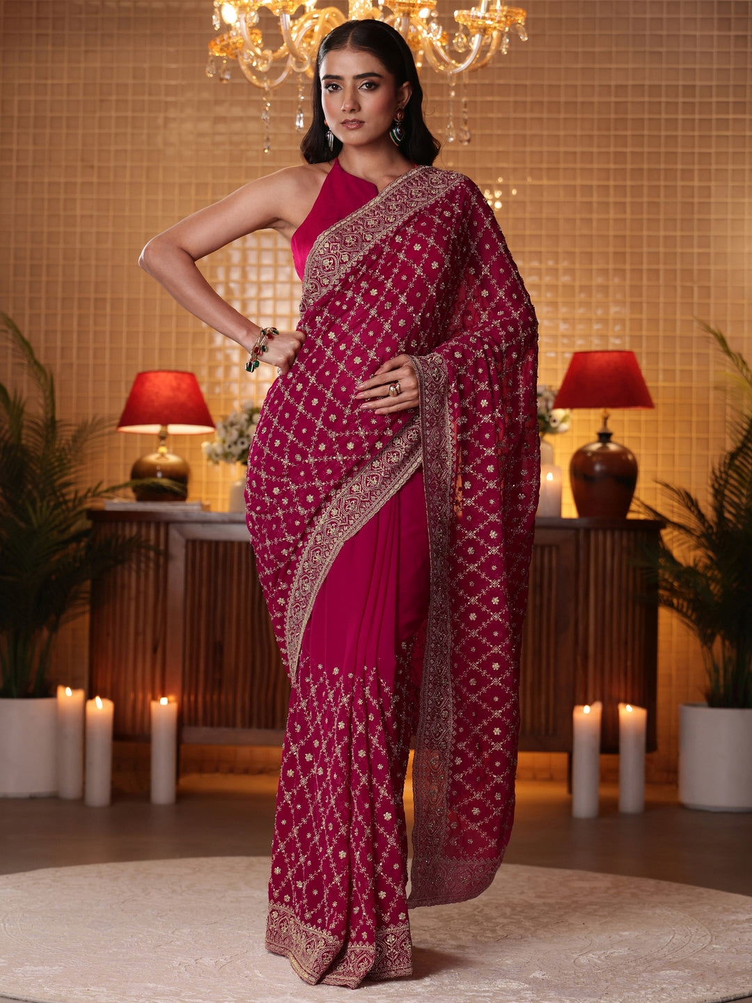  Pink Floral Embroidered Georgette Saree 