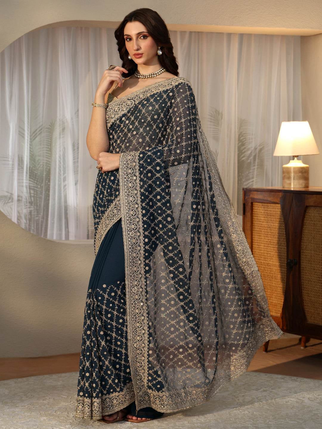  Navy Blue Floral Embroidered Georgette Saree 