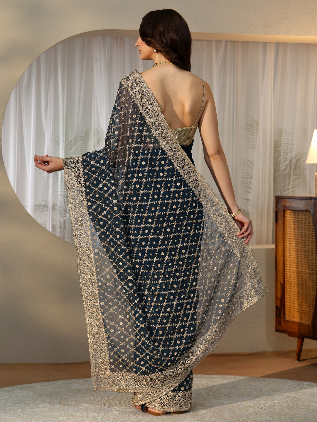  Navy Blue Floral Embroidered Georgette Saree 