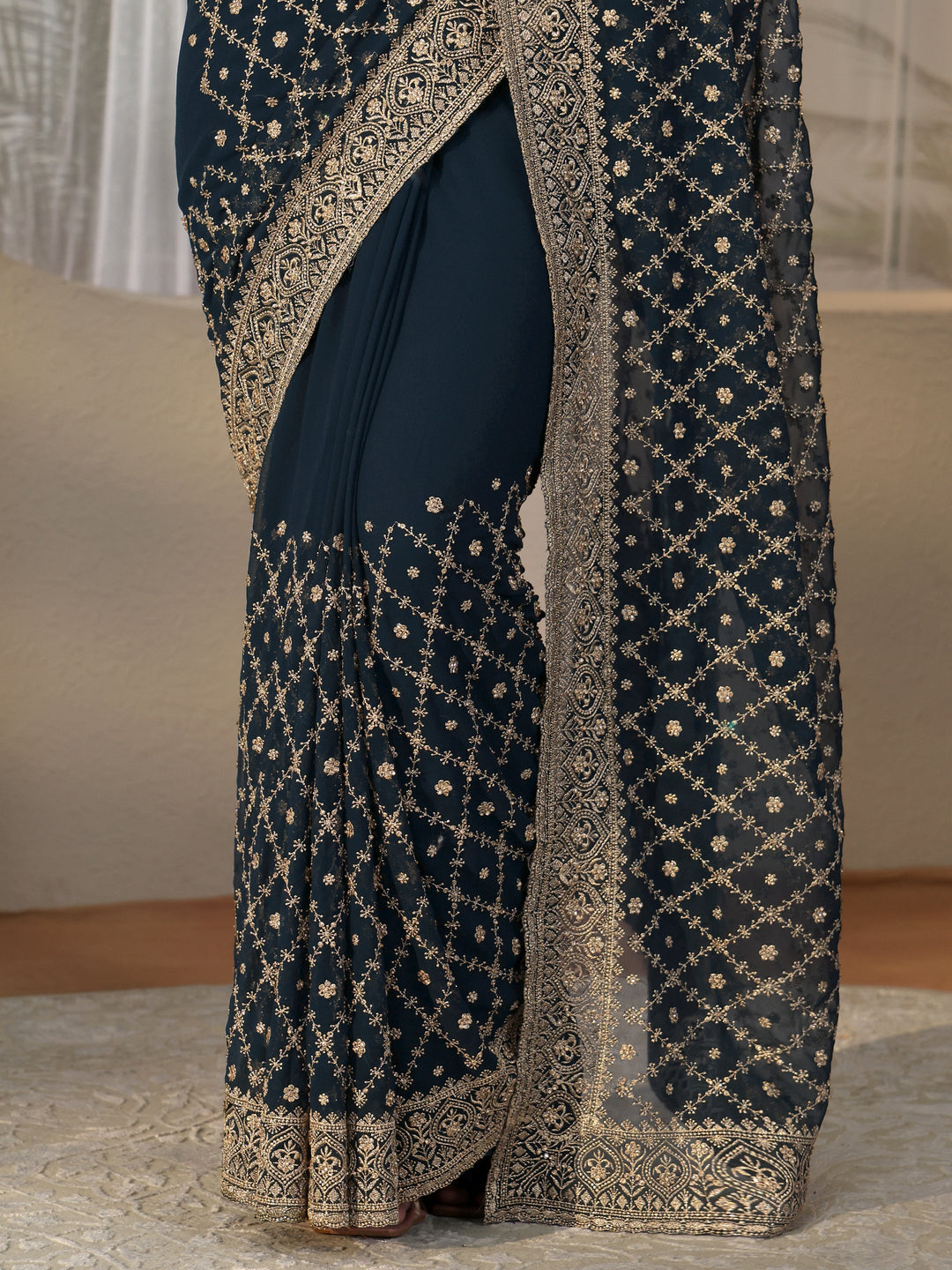  Navy Blue Floral Embroidered Georgette Saree 