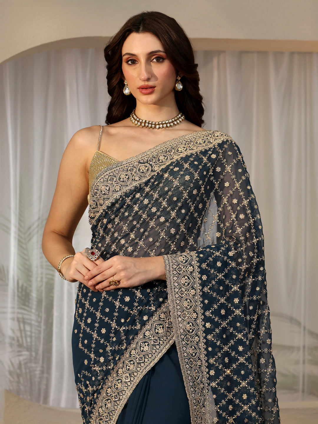  Navy Blue Floral Embroidered Georgette Saree 