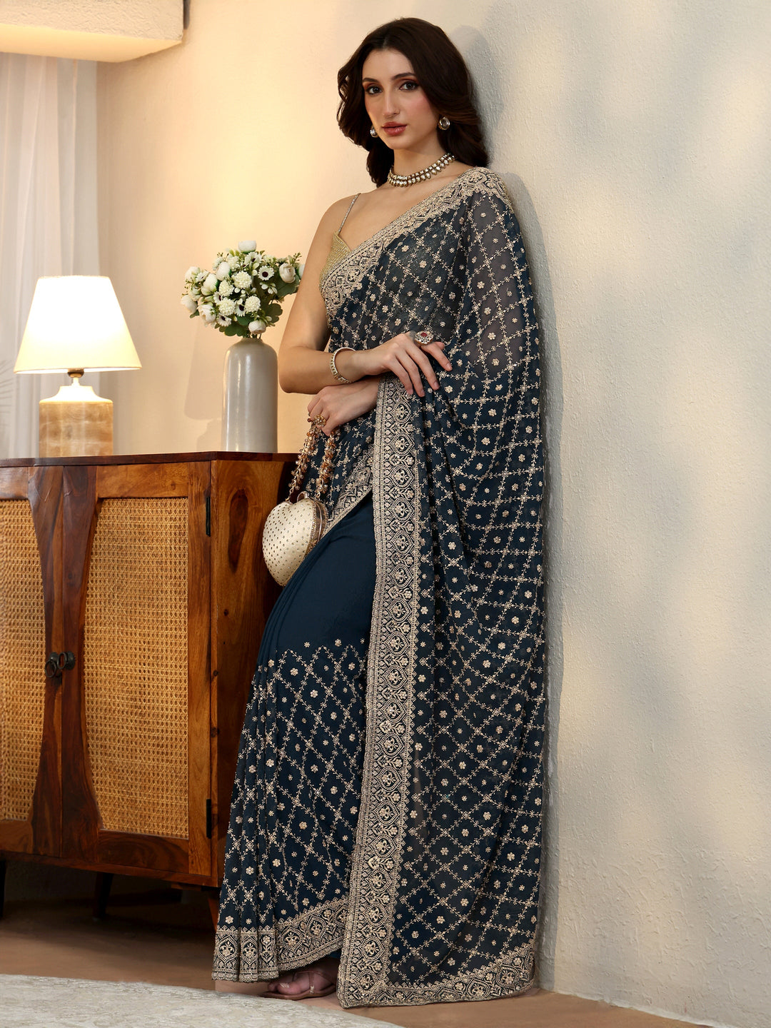  Navy Blue Floral Embroidered Georgette Saree 