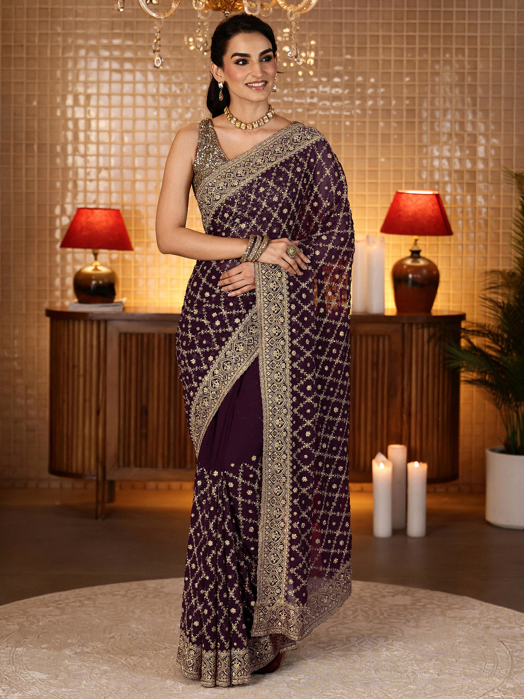  Burgundy Floral Embroidered Georgette Saree 