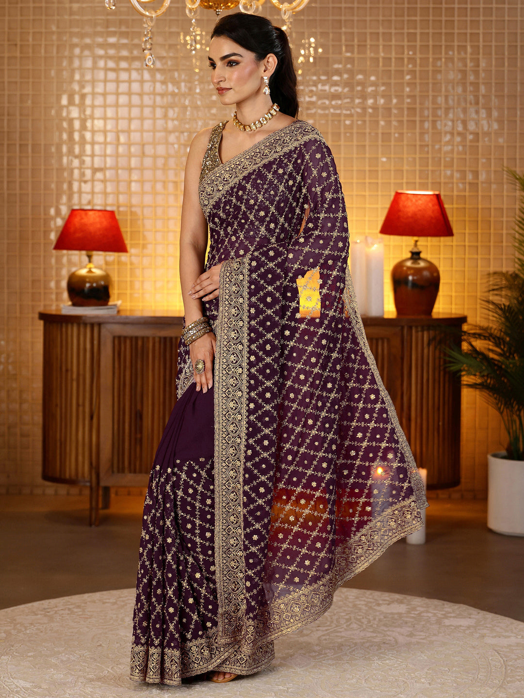  Burgundy Floral Embroidered Georgette Saree 