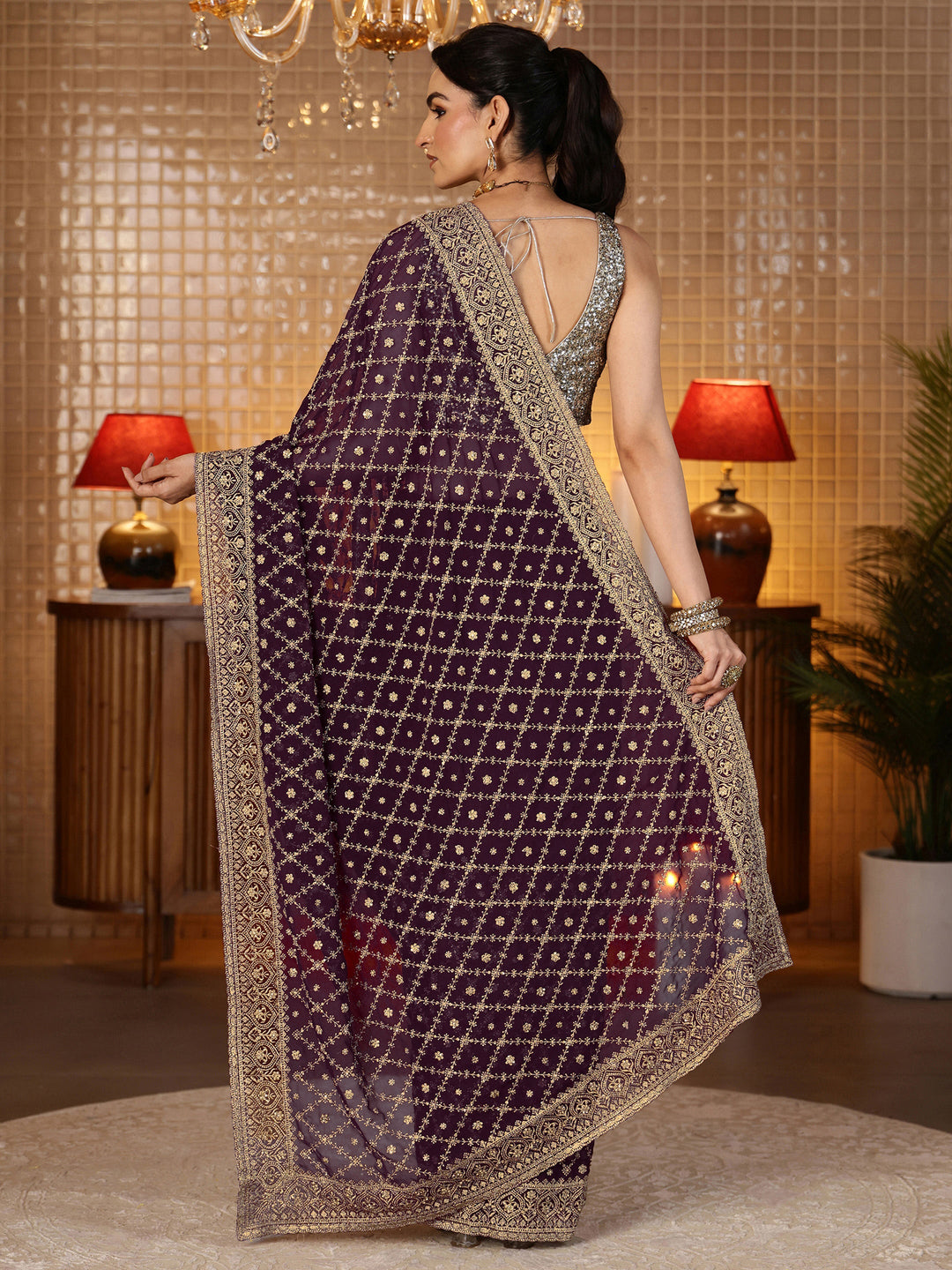  Burgundy Floral Embroidered Georgette Saree 