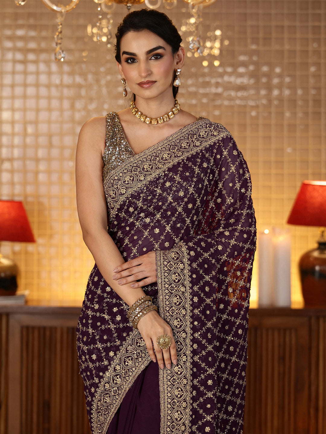  Burgundy Floral Embroidered Georgette Saree 