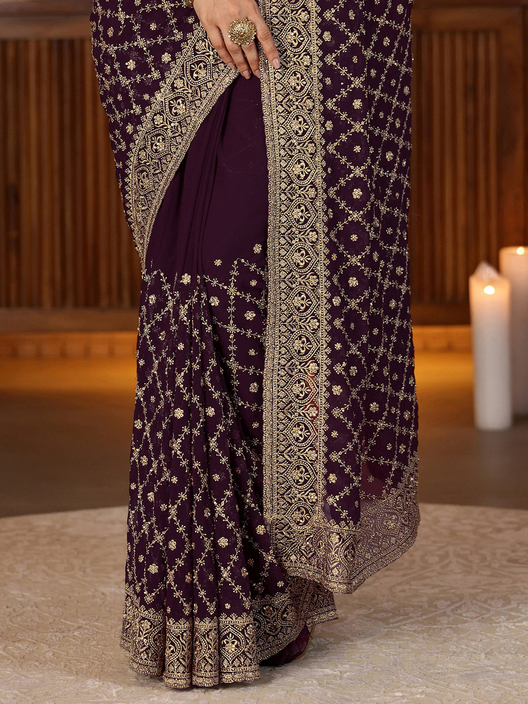  Burgundy Floral Embroidered Georgette Saree 