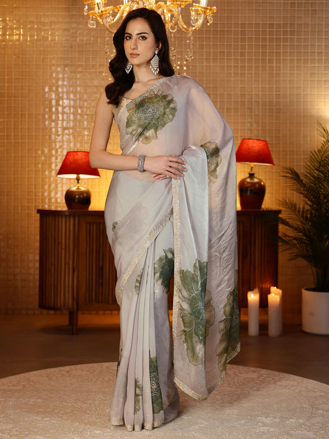  Pista Green Floral Printed Tissue Saree 