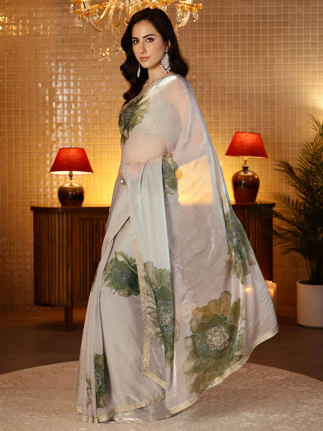  Pista Green Floral Printed Tissue Saree 