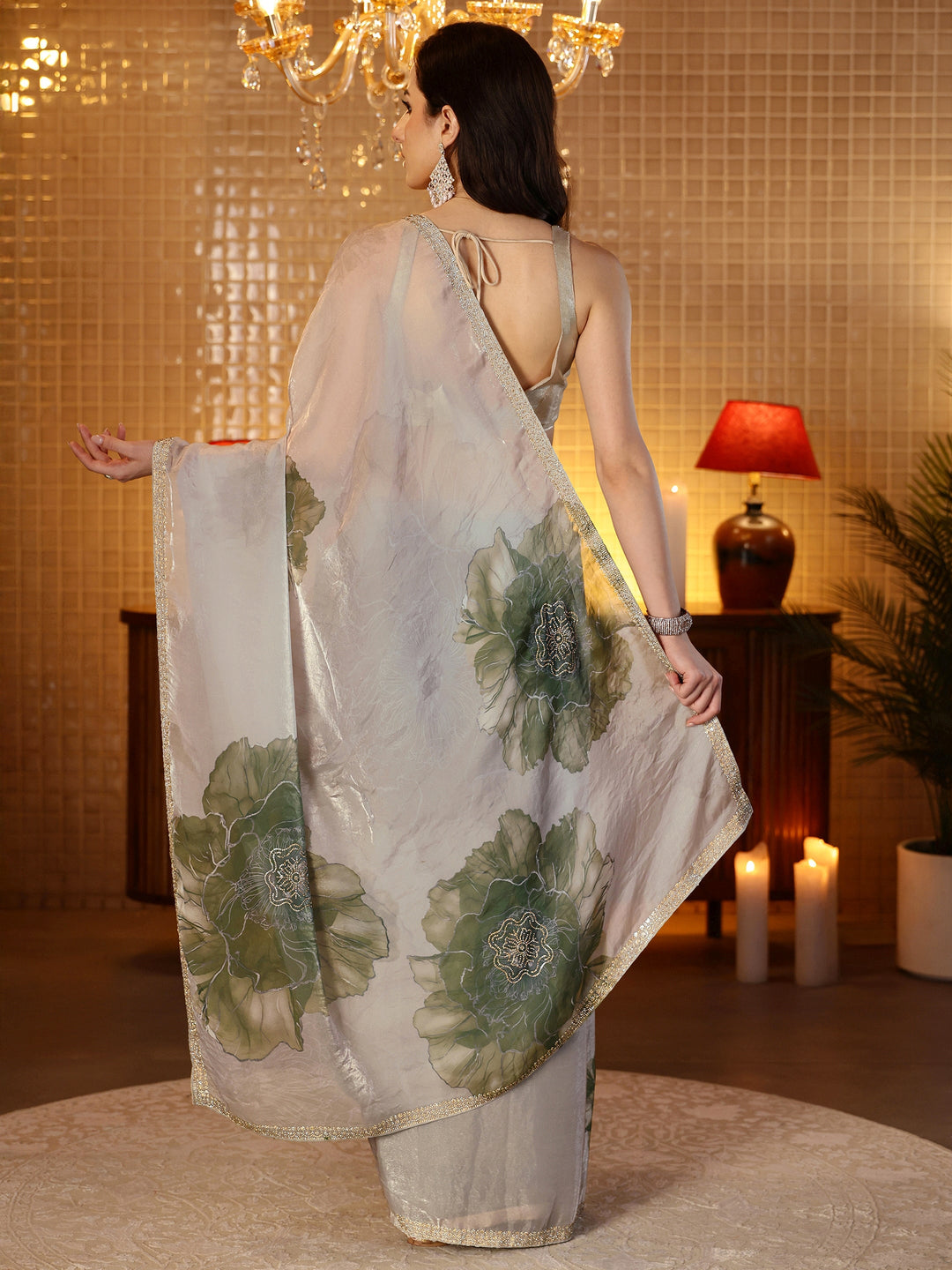  Pista Green Floral Printed Tissue Saree 