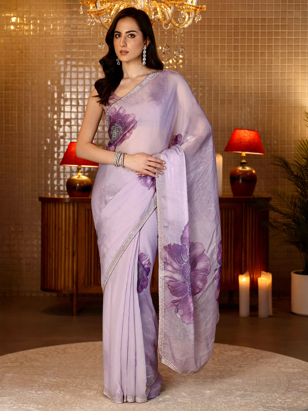  Lavender Floral Printed Tissue Saree 