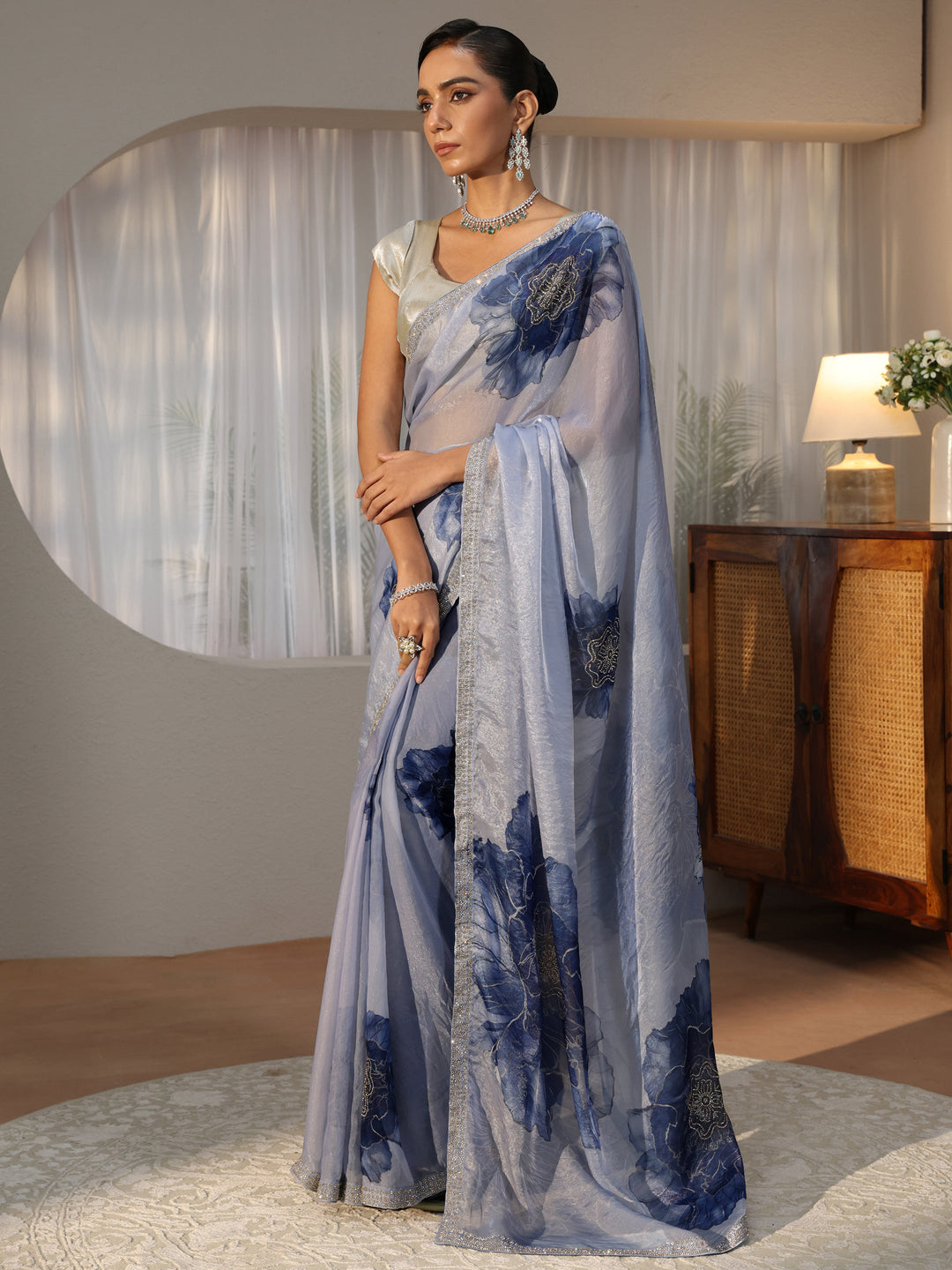  Powder Blue Floral Printed Tissue Saree 