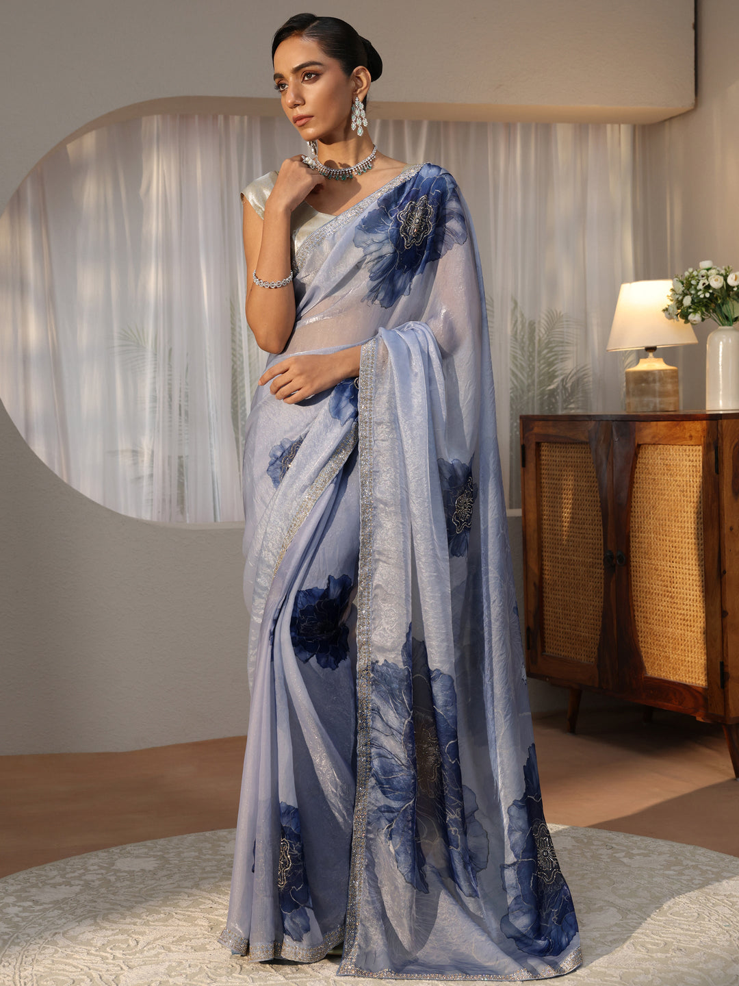  Powder Blue Floral Printed Tissue Saree 