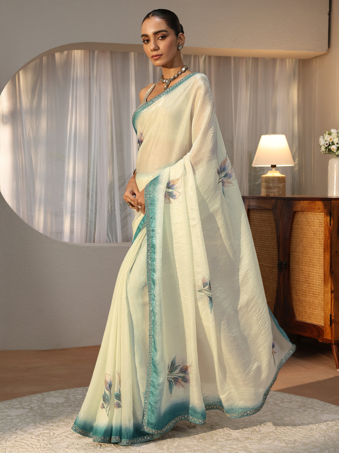 Cream Floral Printed Tissue Saree with Embellishments 