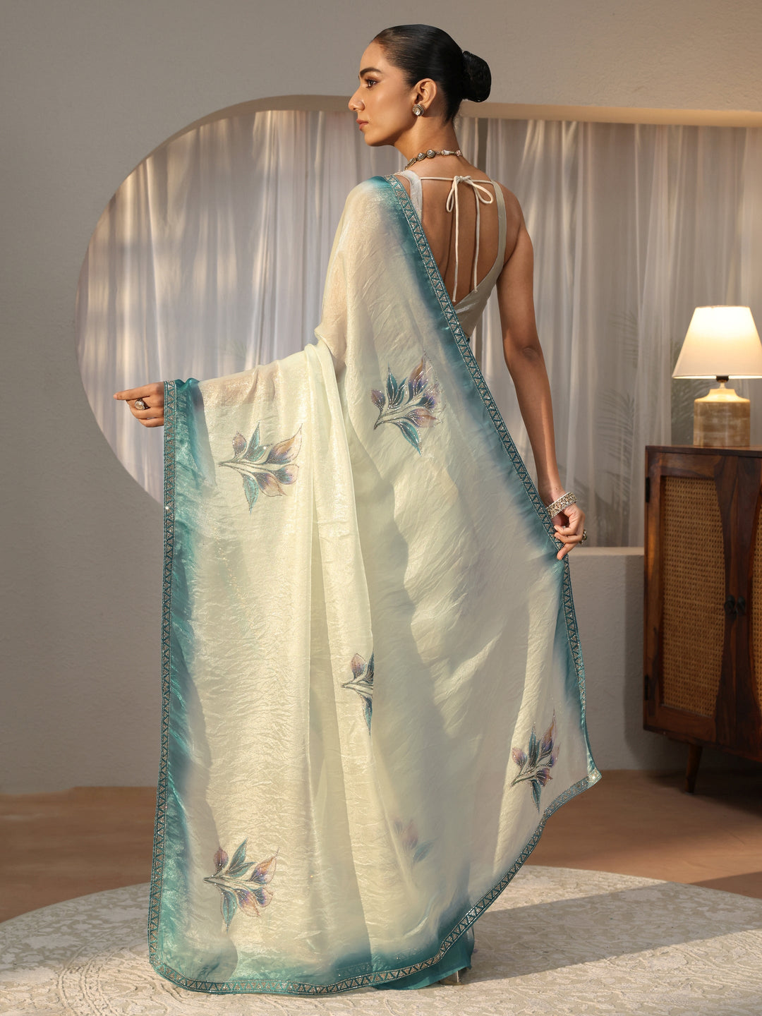  Cream Floral Printed Tissue Saree with Embellishments 