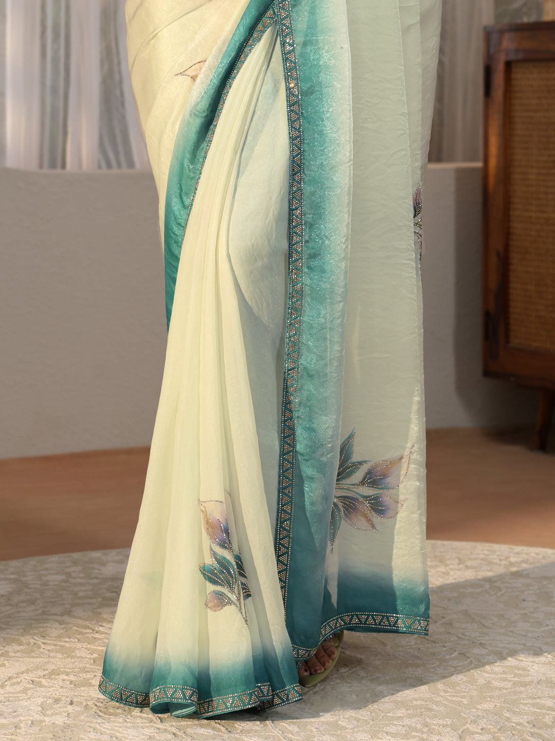  Cream Floral Printed Tissue Saree with Embellishments 