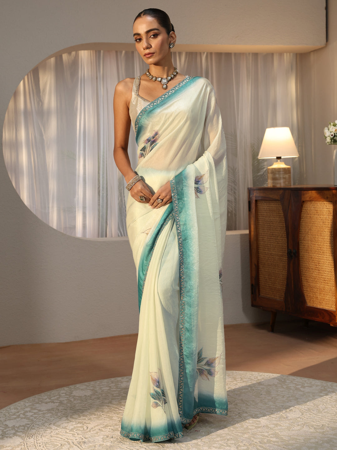  Cream Floral Printed Tissue Saree with Embellishments 