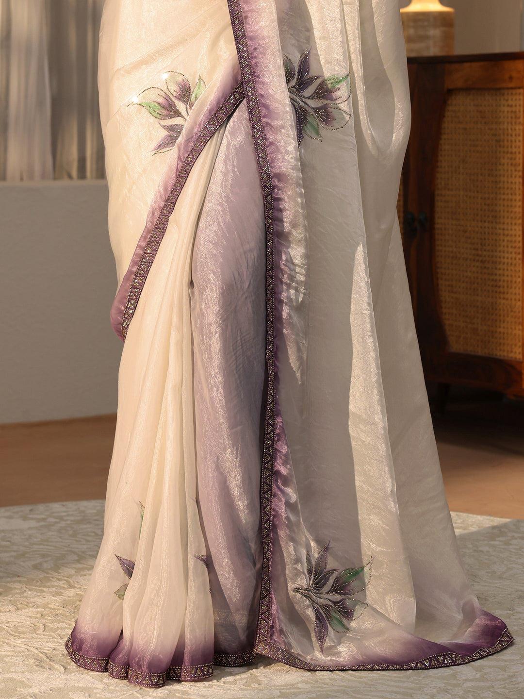  Cream Floral Printed Tissue Saree with Embellishments 