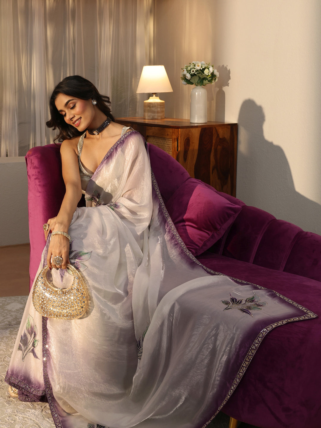  Cream Floral Printed Tissue Saree with Embellishments 