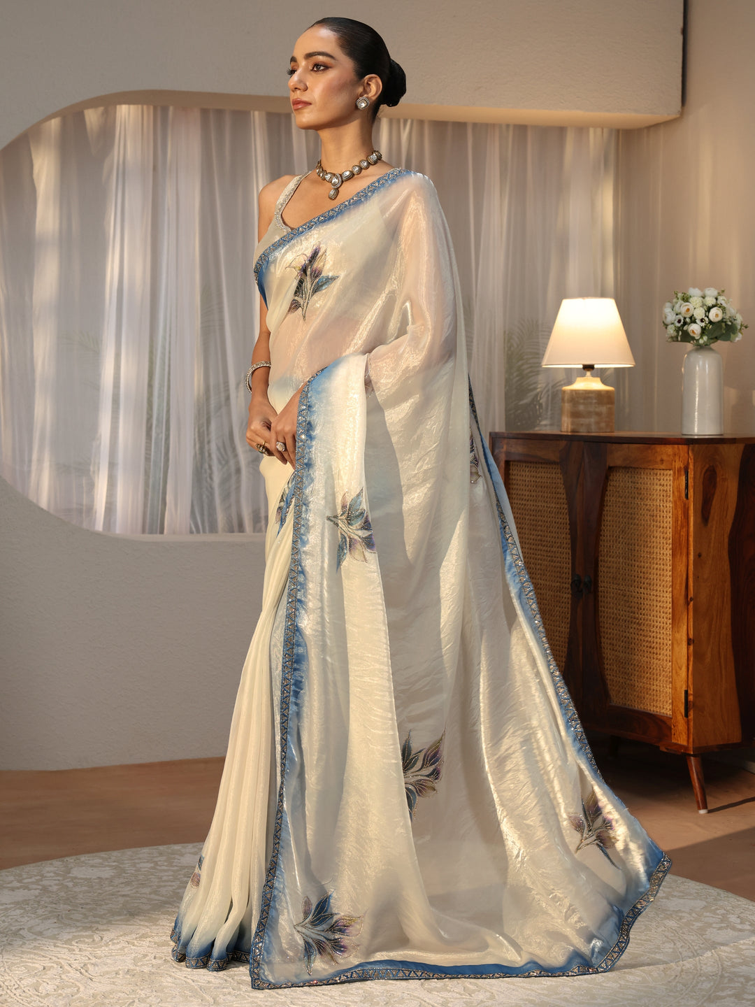  Cream Floral Printed Tissue Saree with Embellishments 