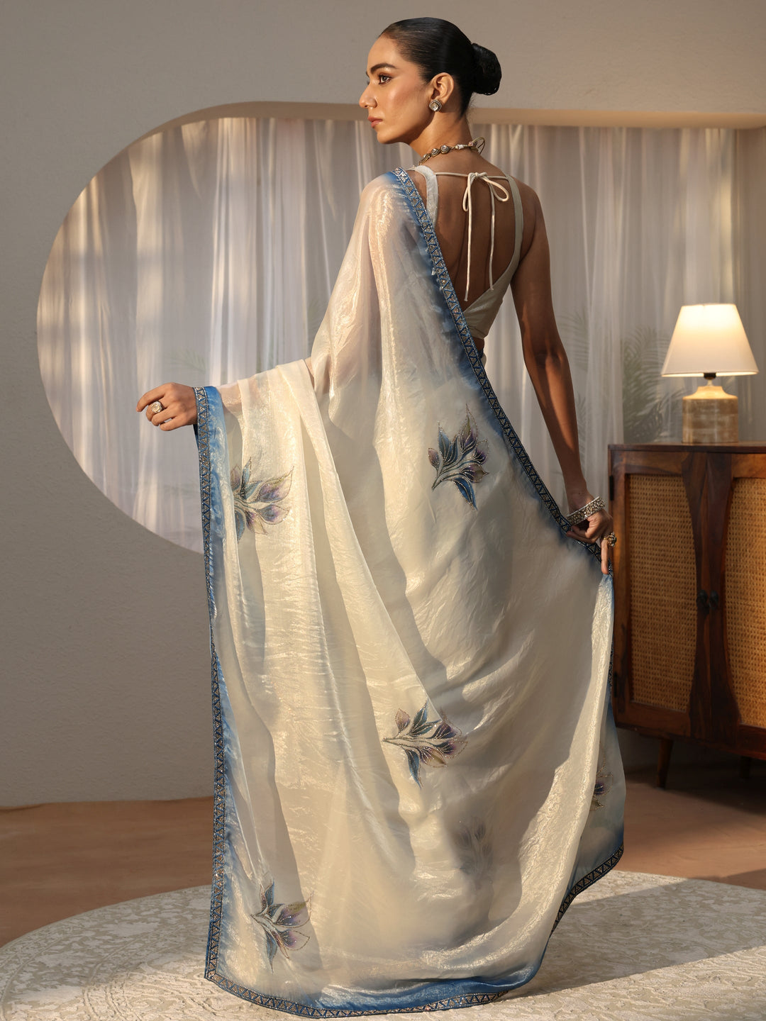  Cream Floral Printed Tissue Saree with Embellishments 