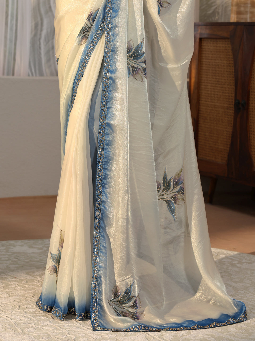  Cream Floral Printed Tissue Saree with Embellishments 