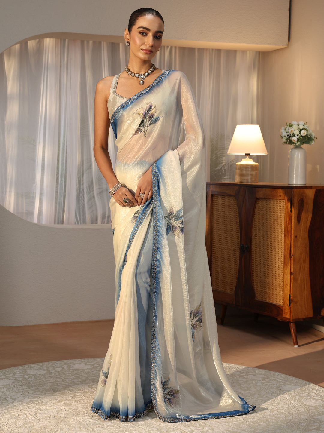  Cream Floral Printed Tissue Saree with Embellishments 